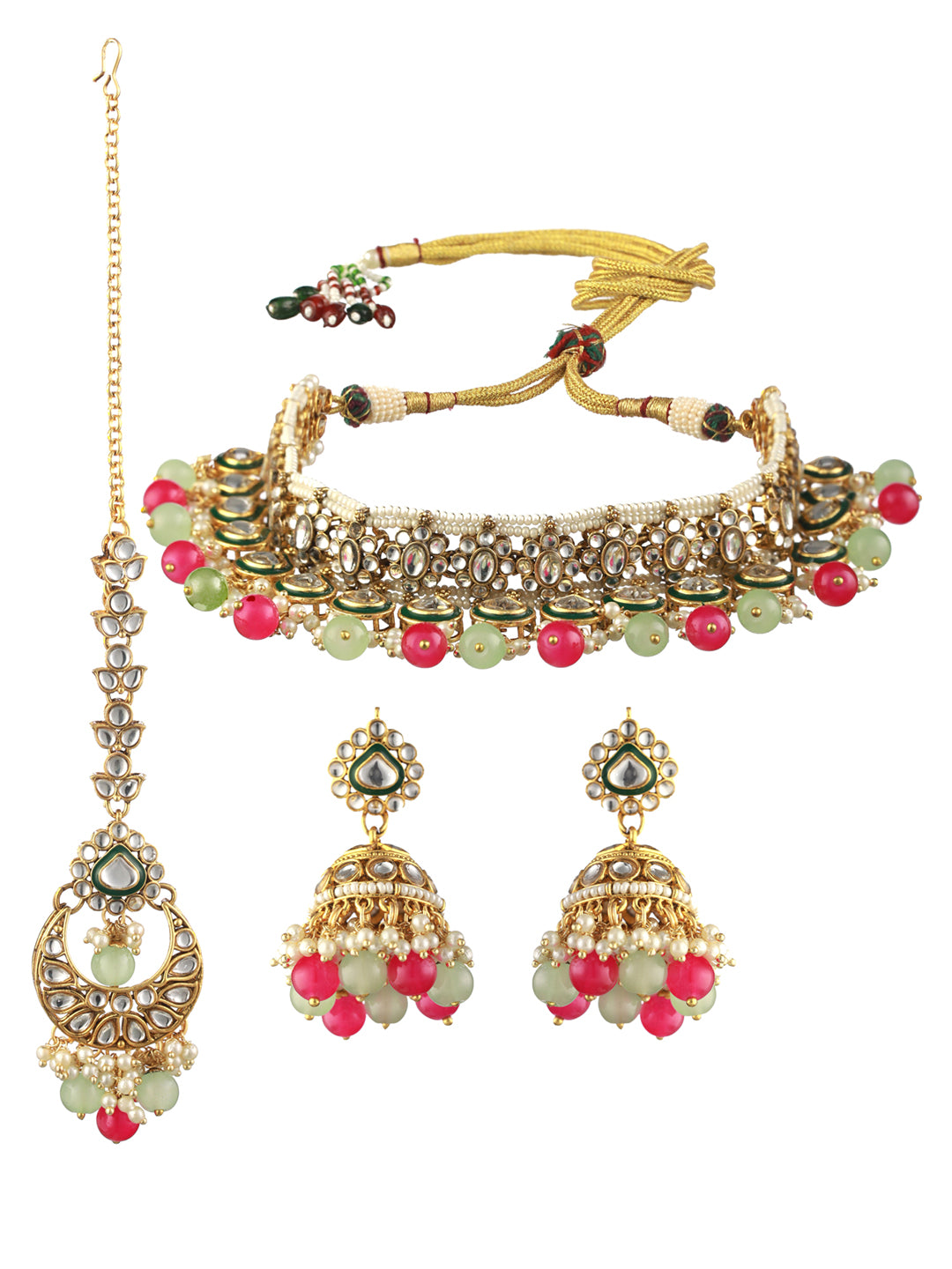 Priyaasi Pink Green Kundan Gold-Plated Choker Jewellery Set with Maangtikka