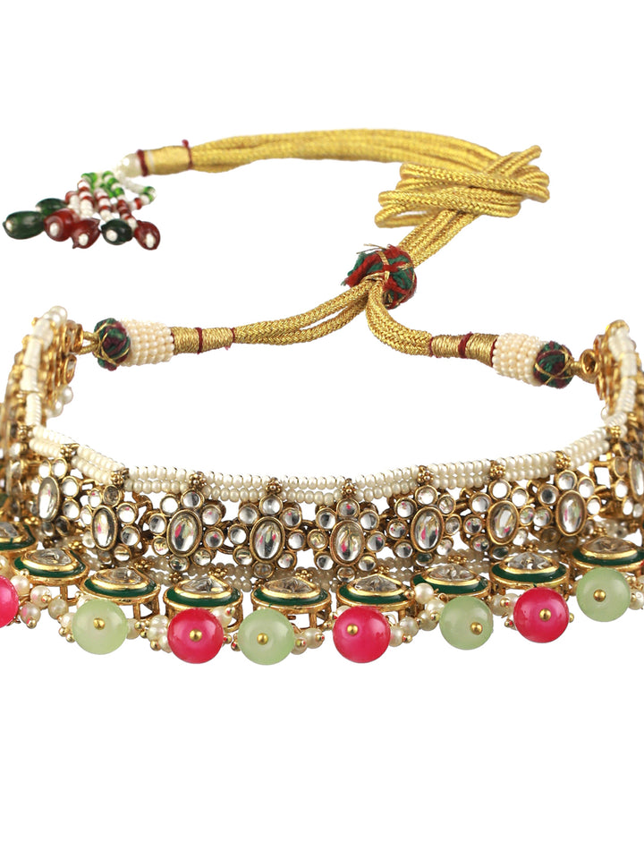 Priyaasi Pink Green Kundan Gold-Plated Choker Jewellery Set with Maangtikka