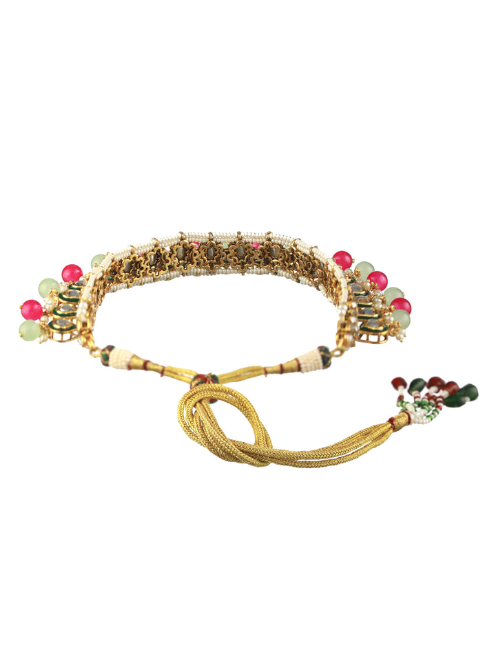 Priyaasi Pink Green Kundan Gold-Plated Choker Jewellery Set with Maangtikka