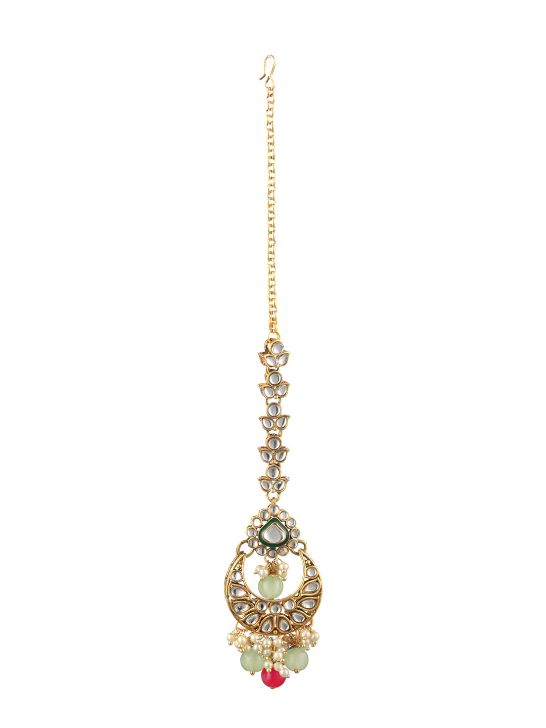Priyaasi Pink Green Kundan Gold-Plated Choker Jewellery Set with Maangtikka