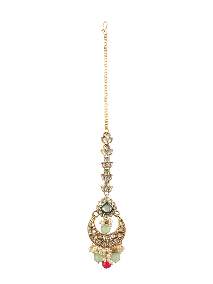 Priyaasi Pink Green Kundan Gold-Plated Choker Jewellery Set with Maangtikka
