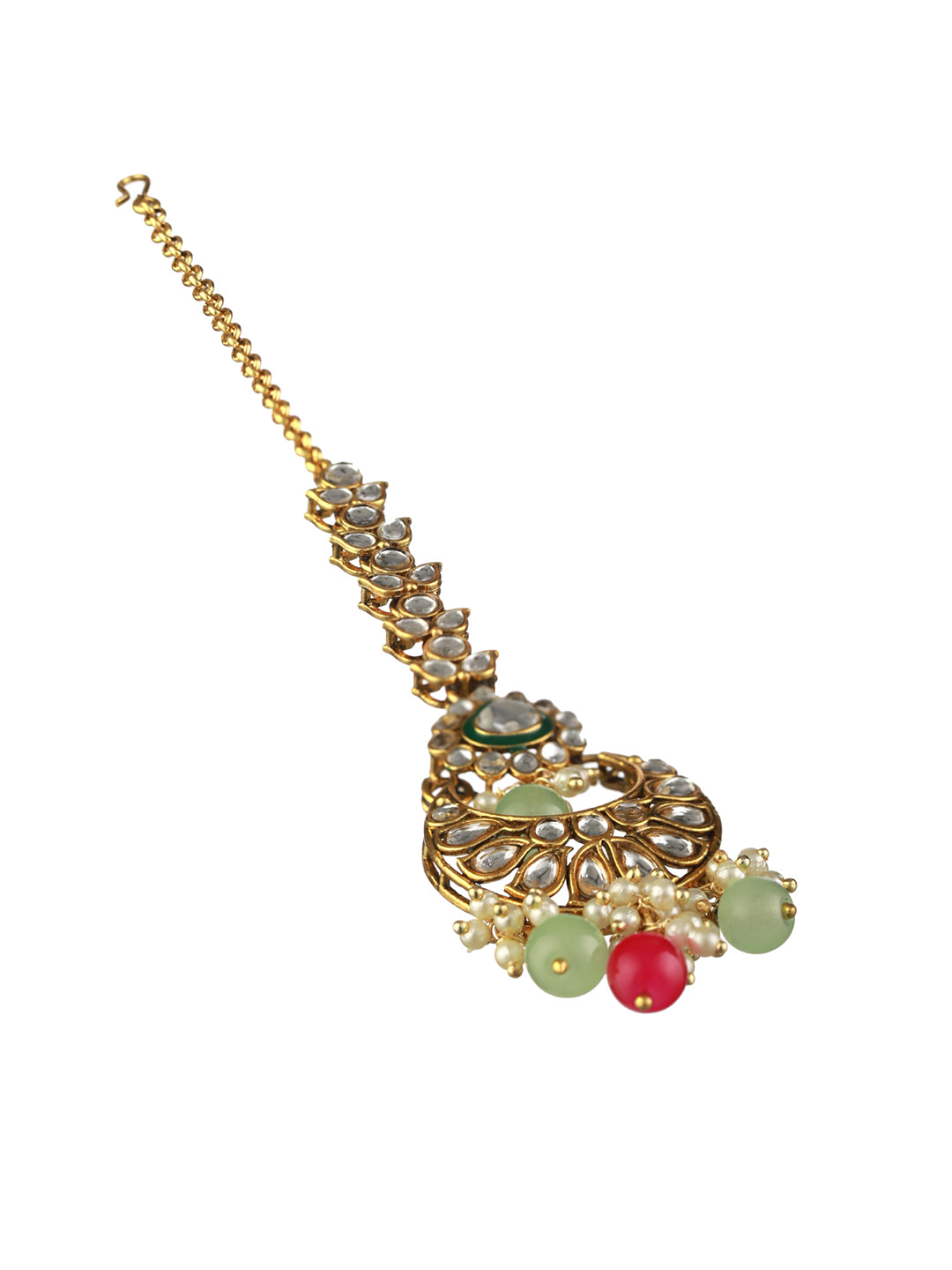 Priyaasi Pink Green Kundan Gold-Plated Choker Jewellery Set with Maangtikka