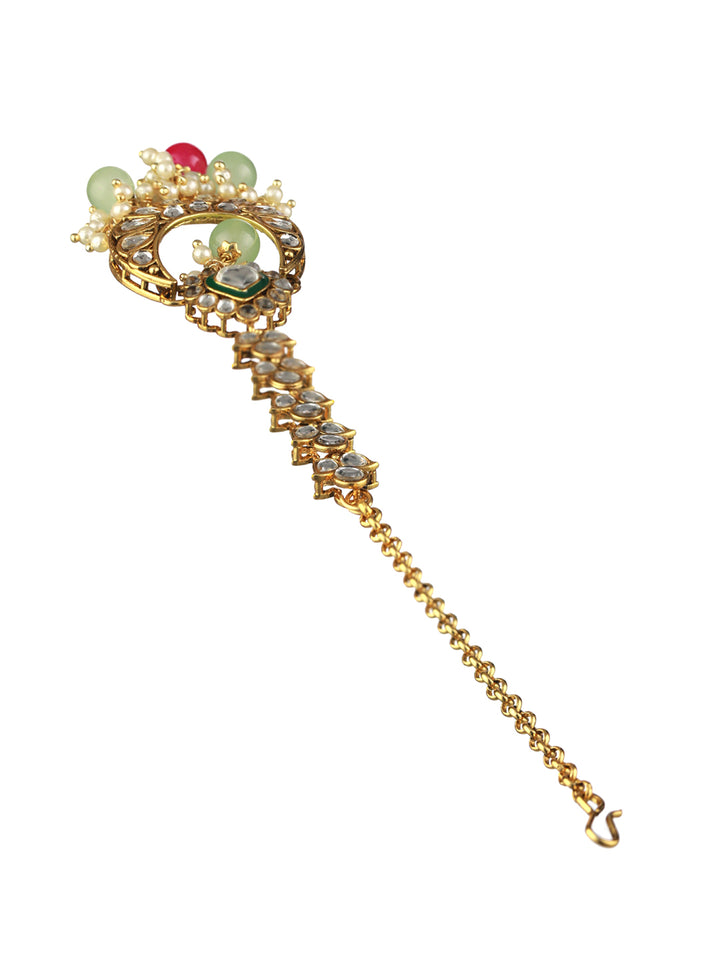 Priyaasi Pink Green Kundan Gold-Plated Choker Jewellery Set with Maangtikka