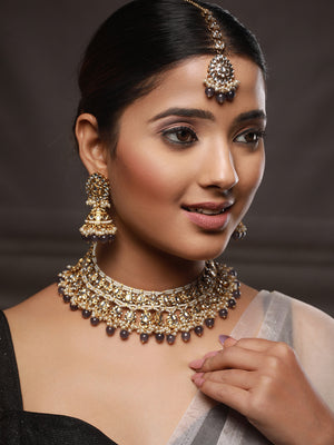 Priyaasi Grey Kundan Gold-Plated Jewellery Set with Maangtikka