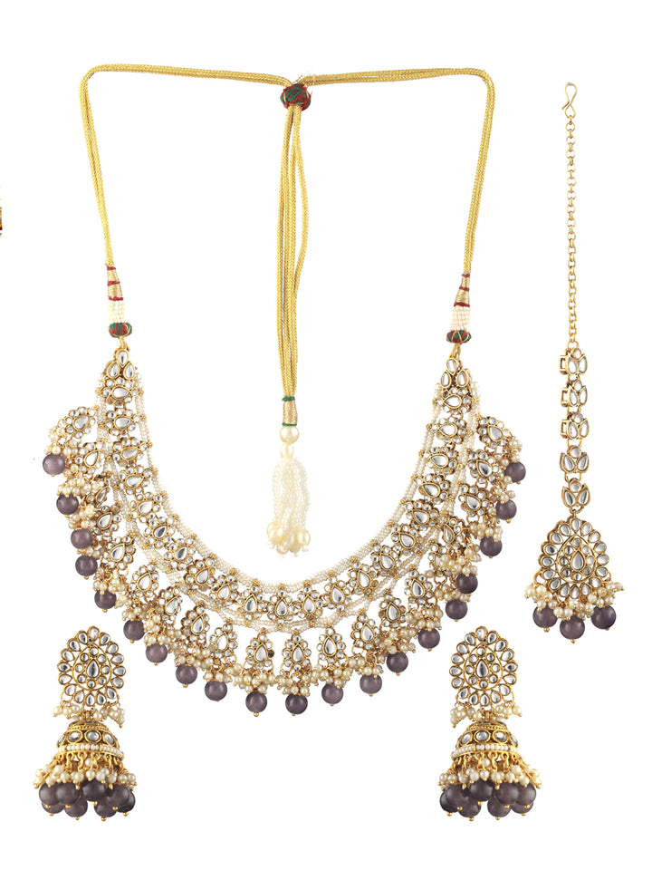 Priyaasi Grey Kundan Gold-Plated Jewellery Set with Maangtikka