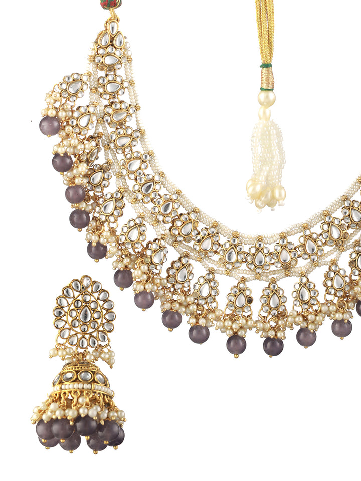 Priyaasi Grey Kundan Gold-Plated Jewellery Set with Maangtikka