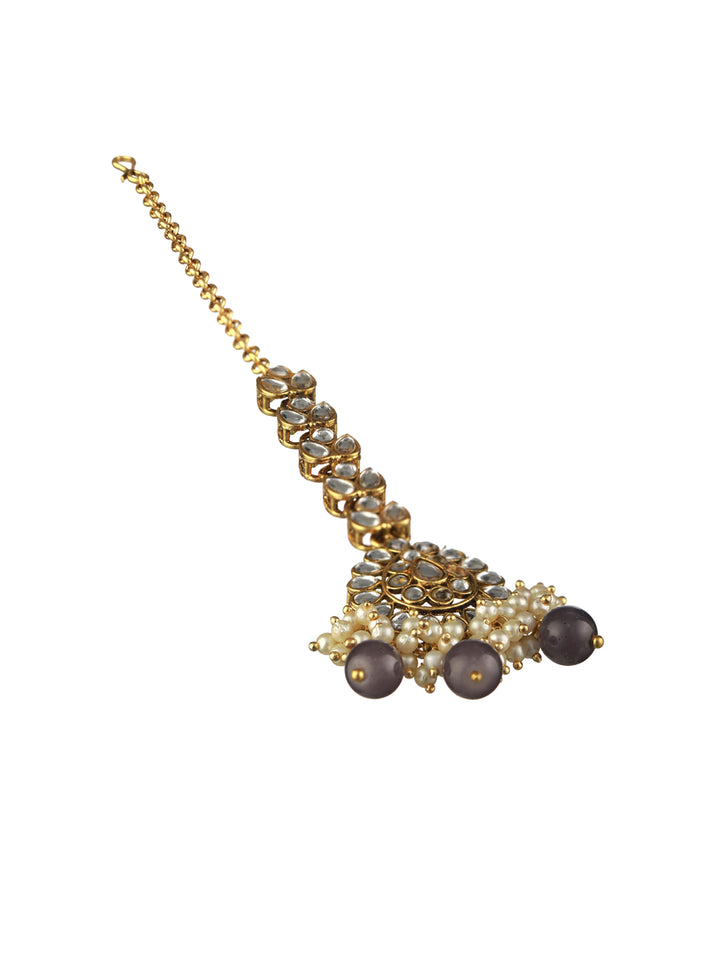 Priyaasi Grey Kundan Gold-Plated Jewellery Set with Maangtikka