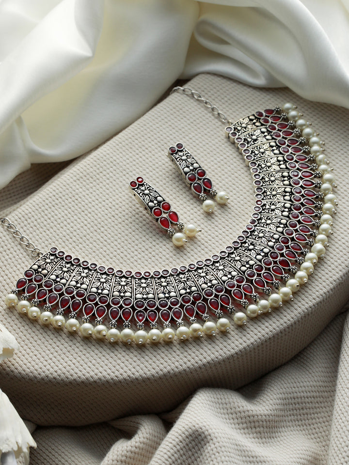 Priyaasi Pink Floral Embossed Pearl Drop Oxidised Silver Jewellery Set