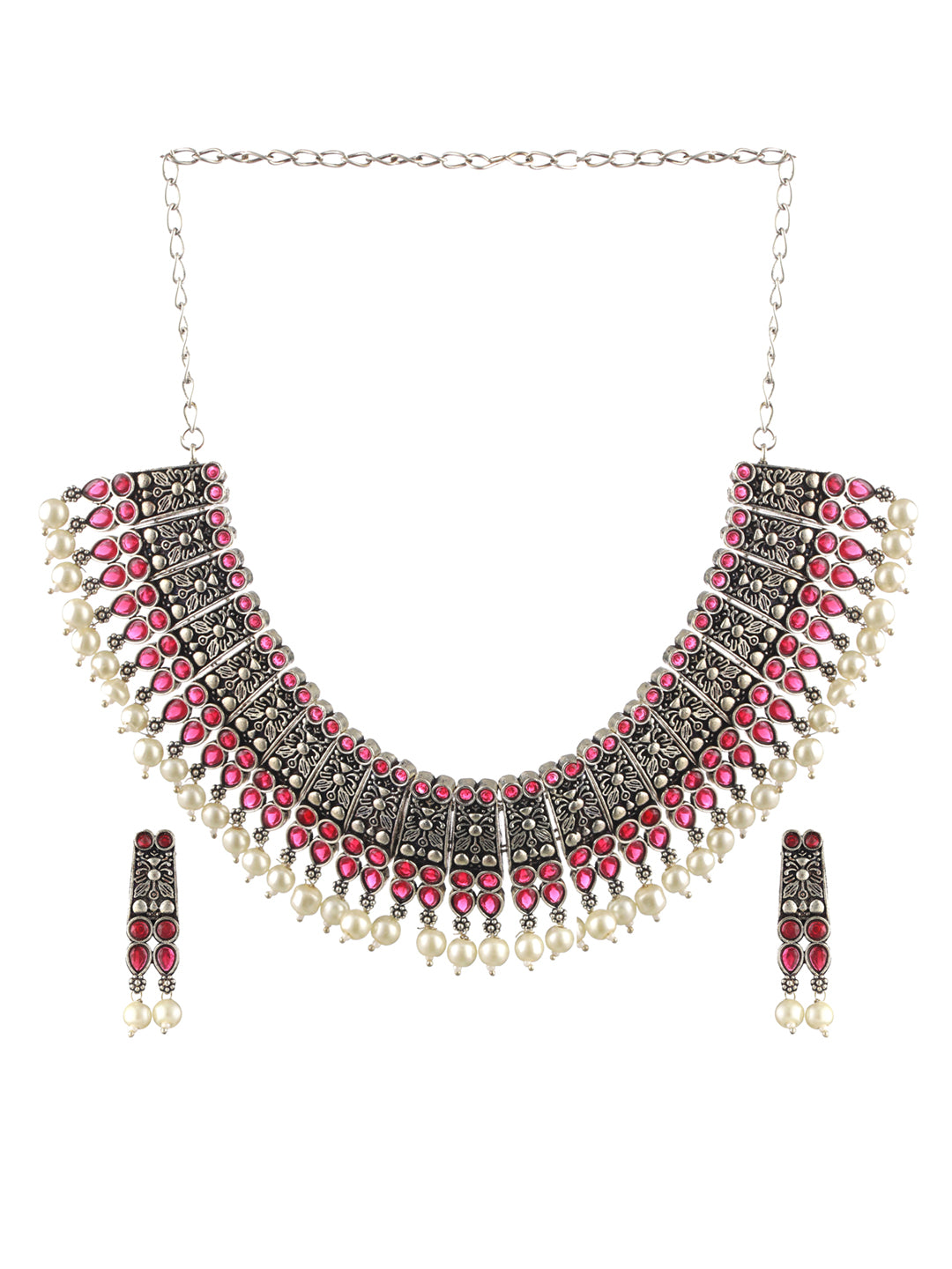 Priyaasi Pink Floral Embossed Pearl Drop Oxidised Silver Jewellery Set