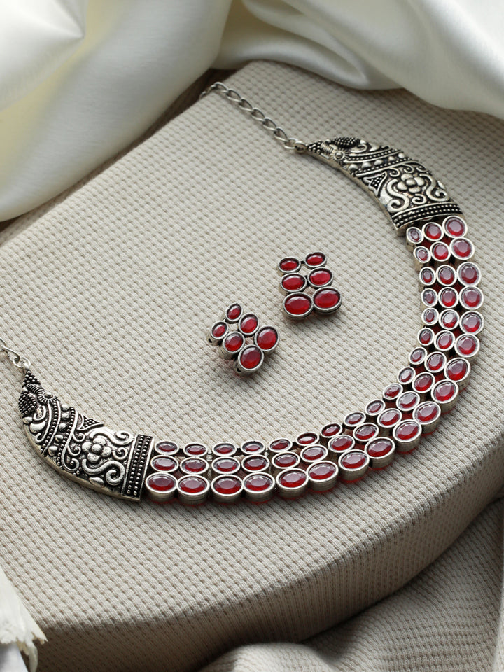 Priyaasi Studded Floral Pink Oval Oxidised Silver Jewellery Set