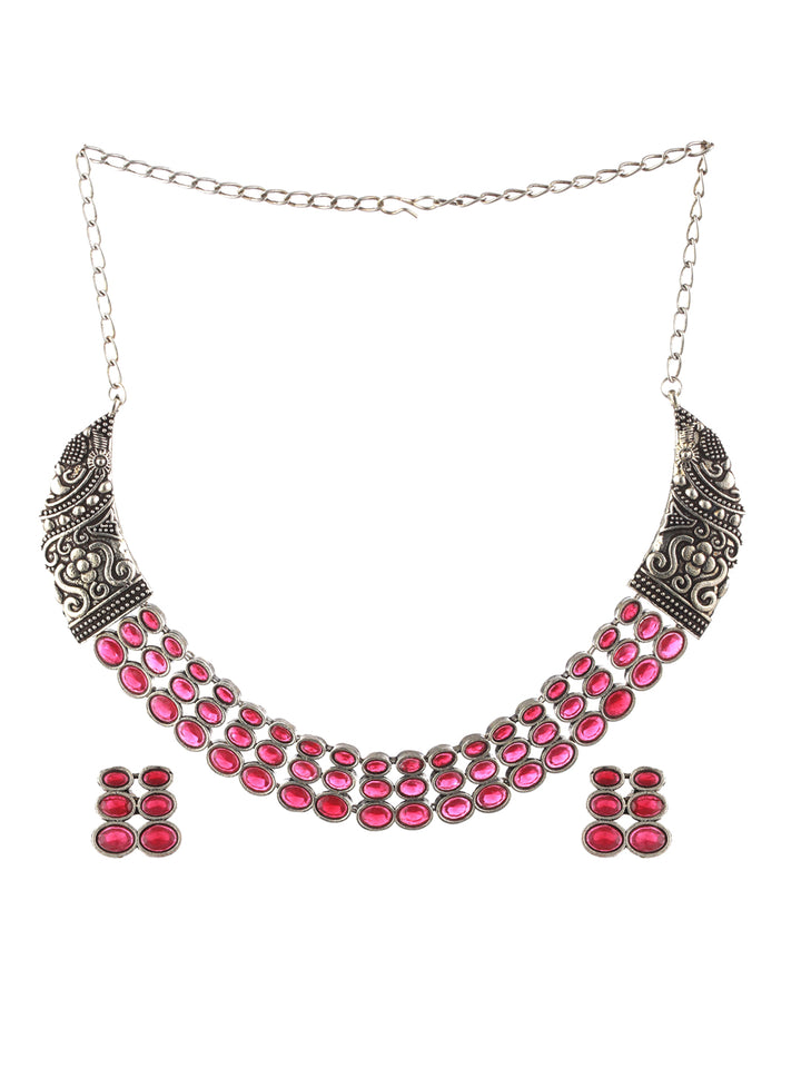 Priyaasi Studded Floral Pink Oval Oxidised Silver Jewellery Set