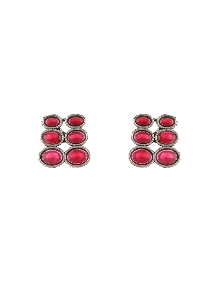 Priyaasi Studded Floral Pink Oval Oxidised Silver Jewellery Set
