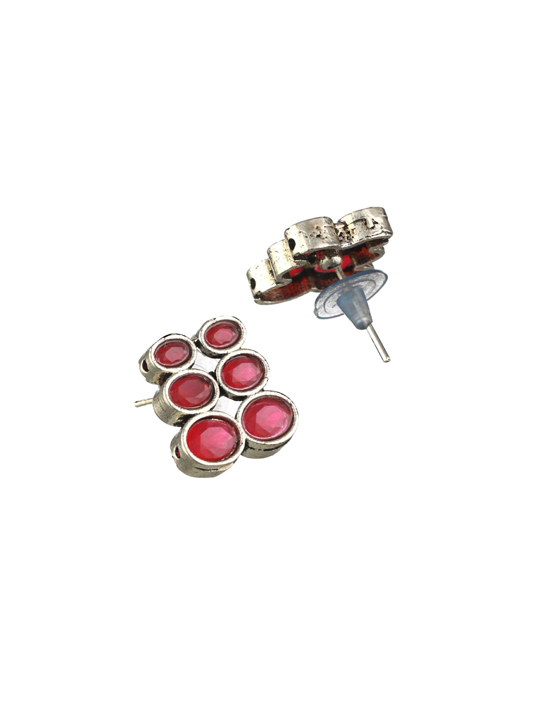 Priyaasi Studded Floral Pink Oval Oxidised Silver Jewellery Set