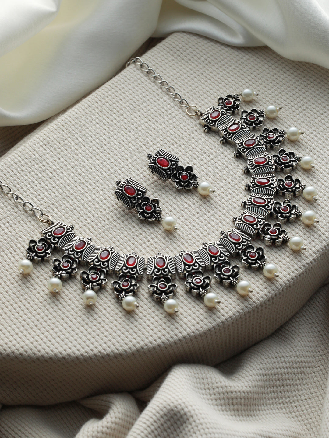 Priyaasi Studded Floral Pink Leaf Pearl Drop Oxidised Silver Jewellery Set