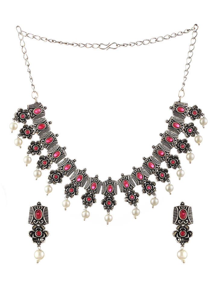 Priyaasi Studded Floral Pink Leaf Pearl Drop Oxidised Silver Jewellery Set