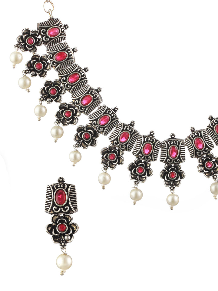 Priyaasi Studded Floral Pink Leaf Pearl Drop Oxidised Silver Jewellery Set