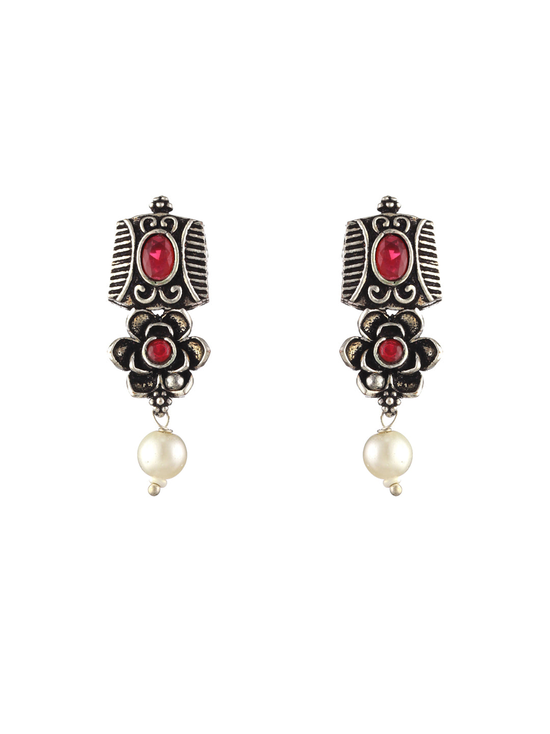 Priyaasi Studded Floral Pink Leaf Pearl Drop Oxidised Silver Jewellery Set