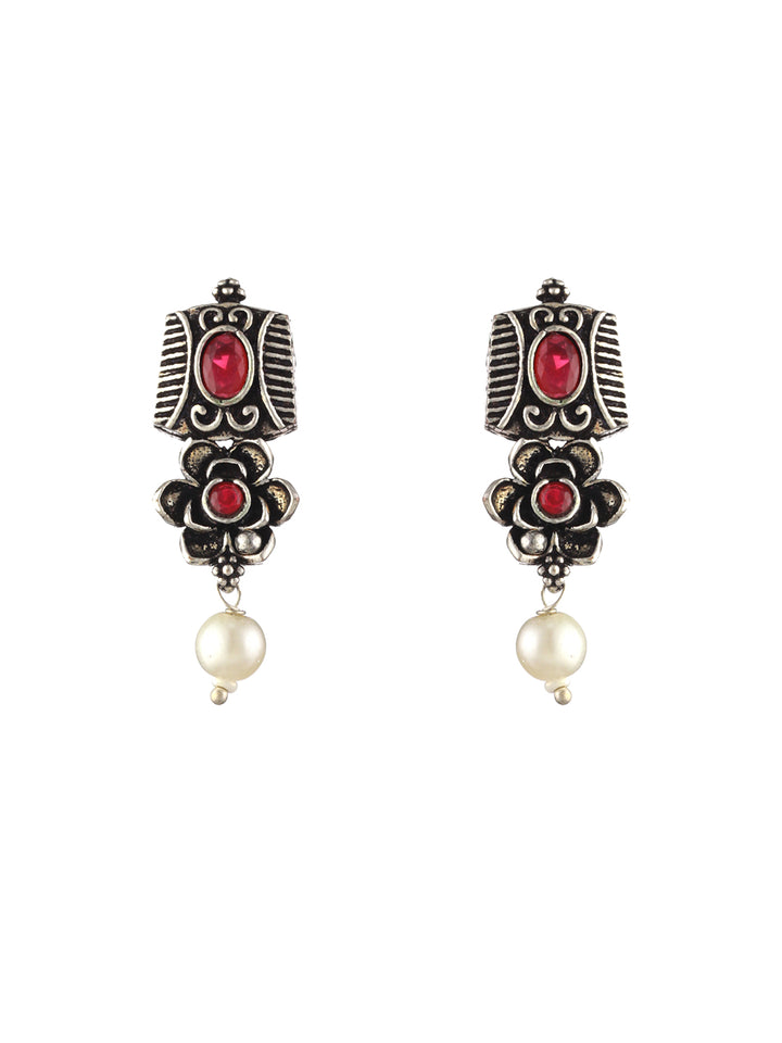 Priyaasi Studded Floral Pink Leaf Pearl Drop Oxidised Silver Jewellery Set