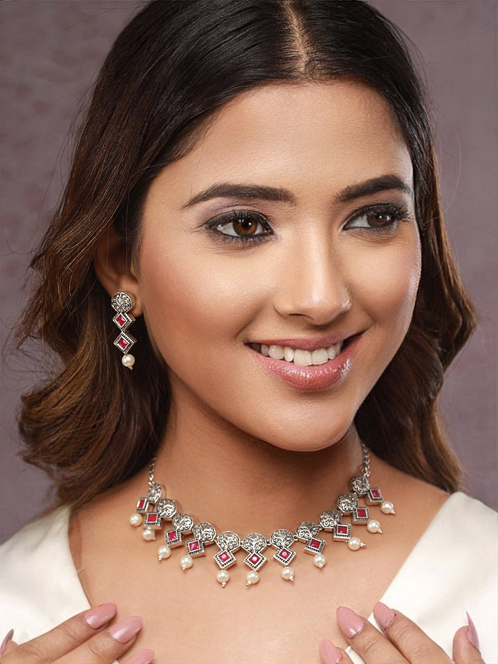 Priyaasi Studded Pink Block Pearl Drop Oxidised Silver Jewellery Set