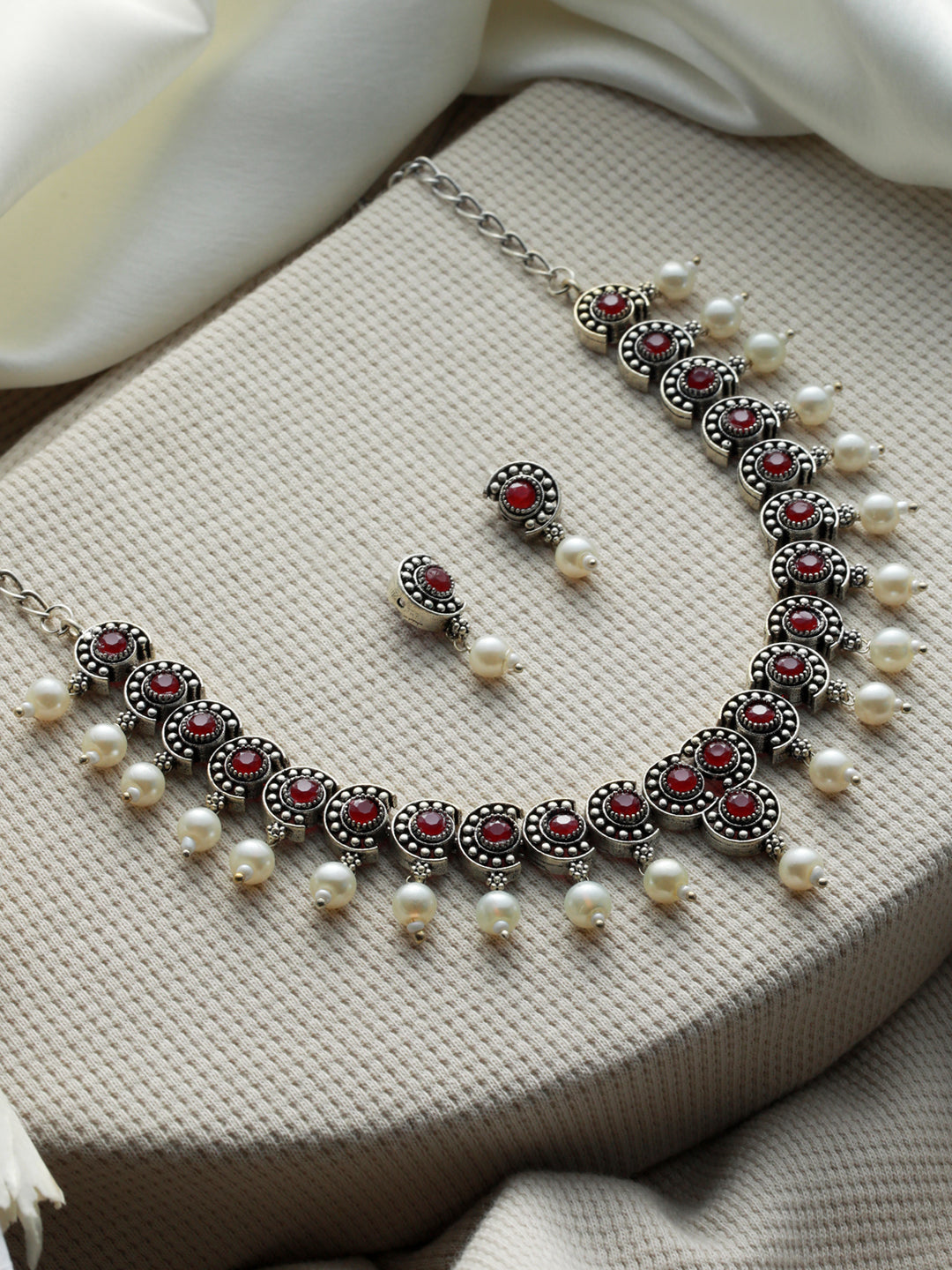 Priyaasi Pink Studded Floral Pearl Oxidised Silver Jewellery Set