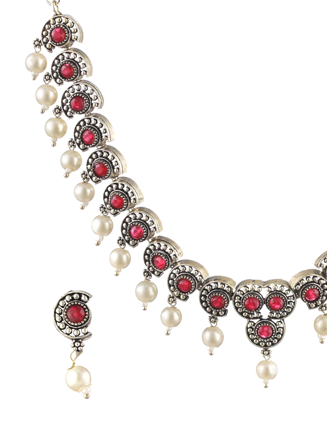Priyaasi Pink Studded Floral Pearl Oxidised Silver Jewellery Set