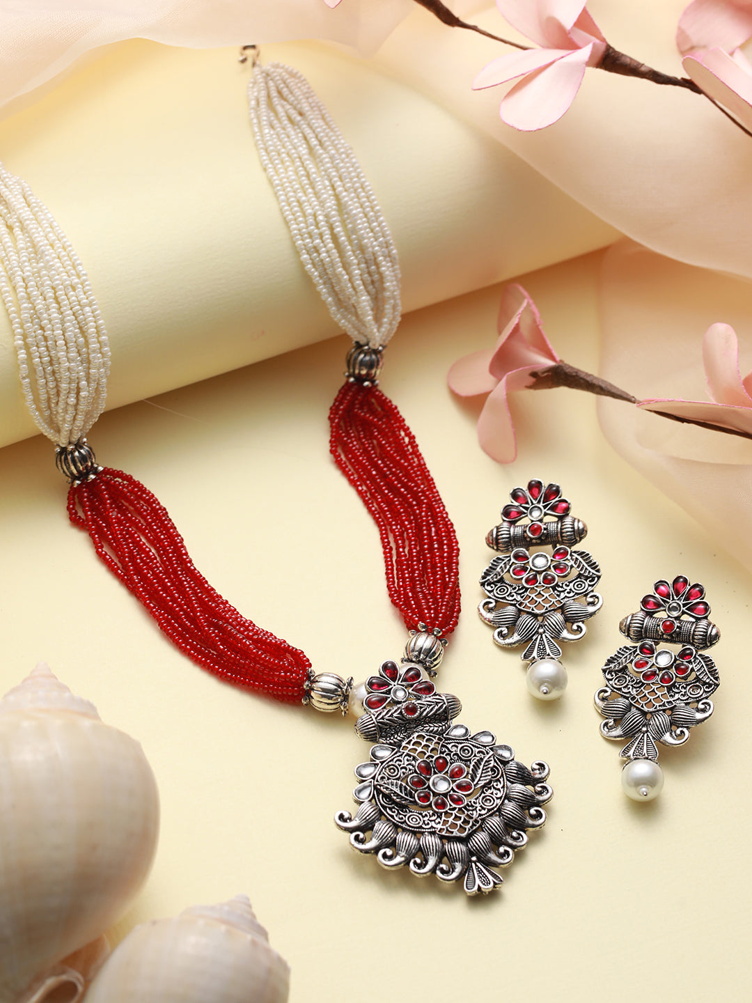 White & Red Multilayer Floral Oxidised Silver Jewellery Set