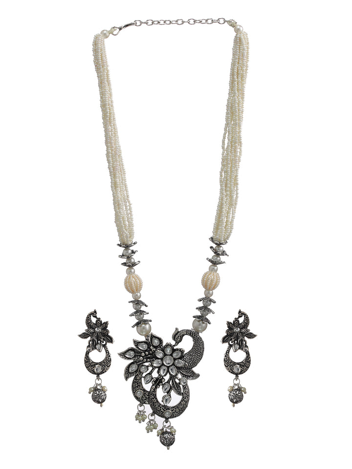 Peacock Pearl Multilayer Kundan Oxidised Silver Jewellery Set