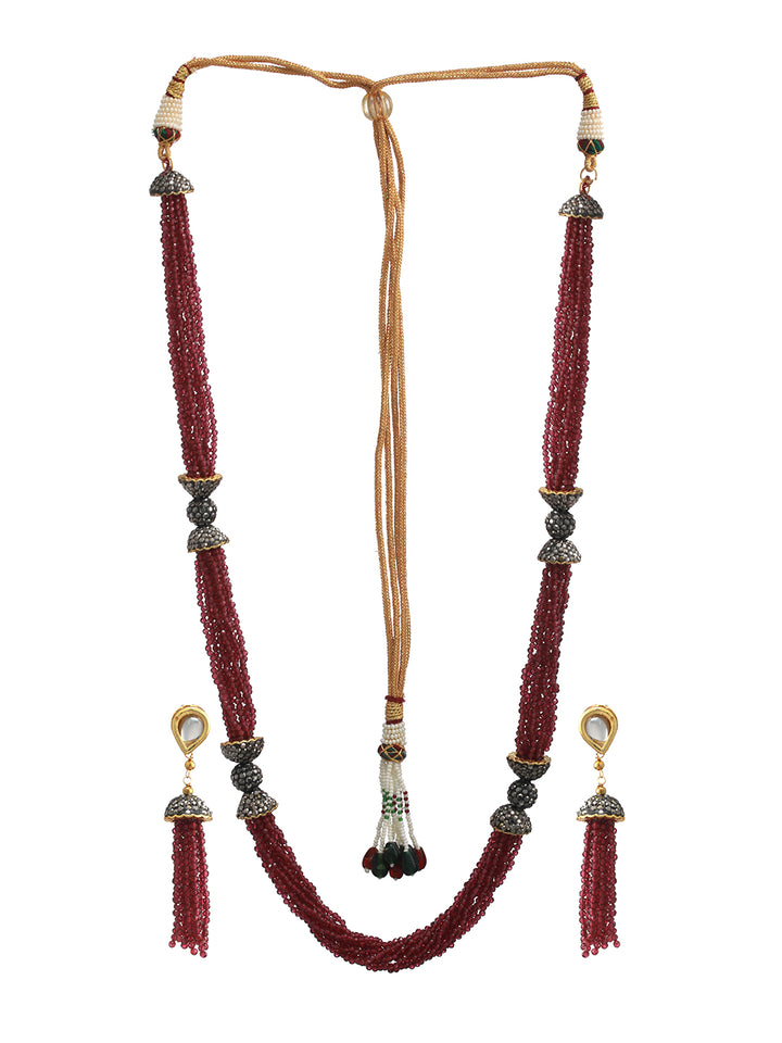 Maroon Beaded Multilayer Studded Tasselled Jewellery Set