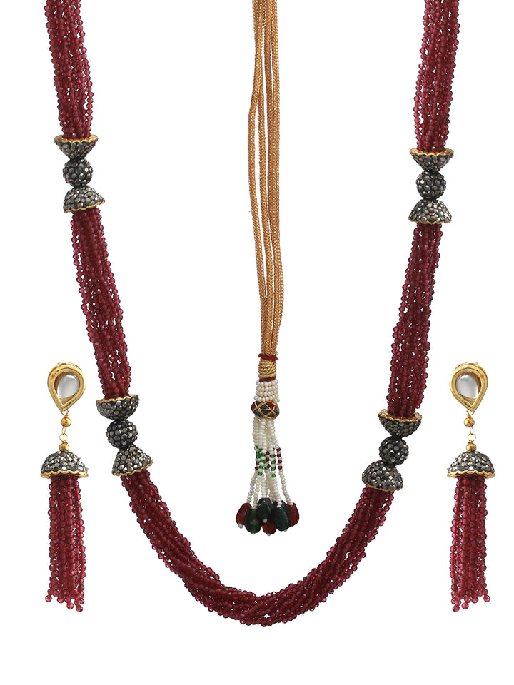 Maroon Beaded Multilayer Studded Tasselled Jewellery Set