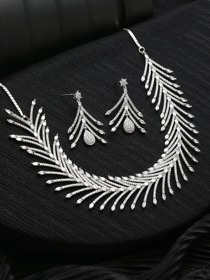 Sparkling Leaves American Diamond Silver-Plated Jewellery Set