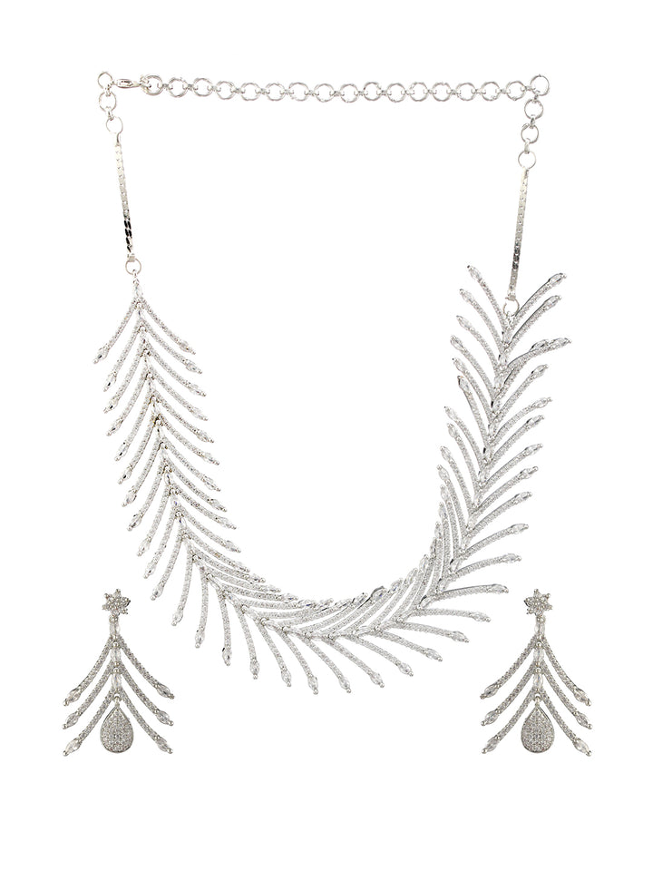 Sparkling Leaves American Diamond Silver-Plated Jewellery Set