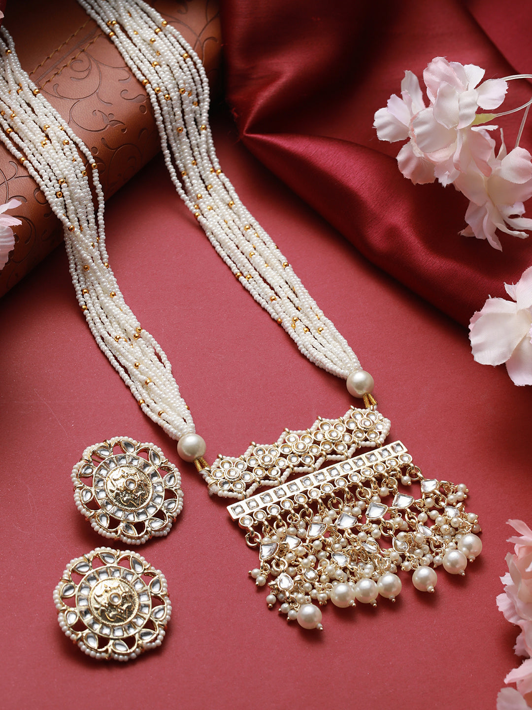 White Floral Kundan Pearl Long Gold-Plated Jewellery Set
