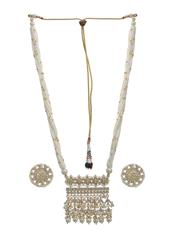 White Floral Kundan Pearl Long Gold-Plated Jewellery Set