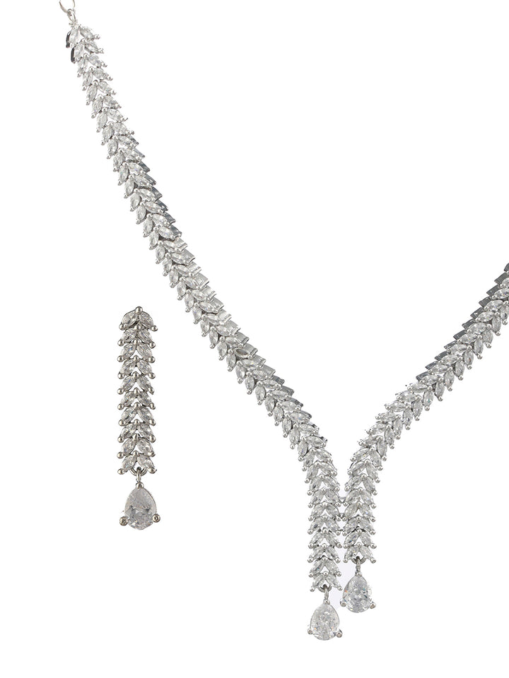 Leaf Link American Diamond Silver-Plated Jewellery Set