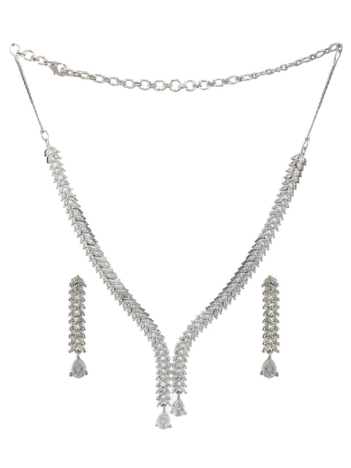 Leaf Link American Diamond Silver-Plated Jewellery Set