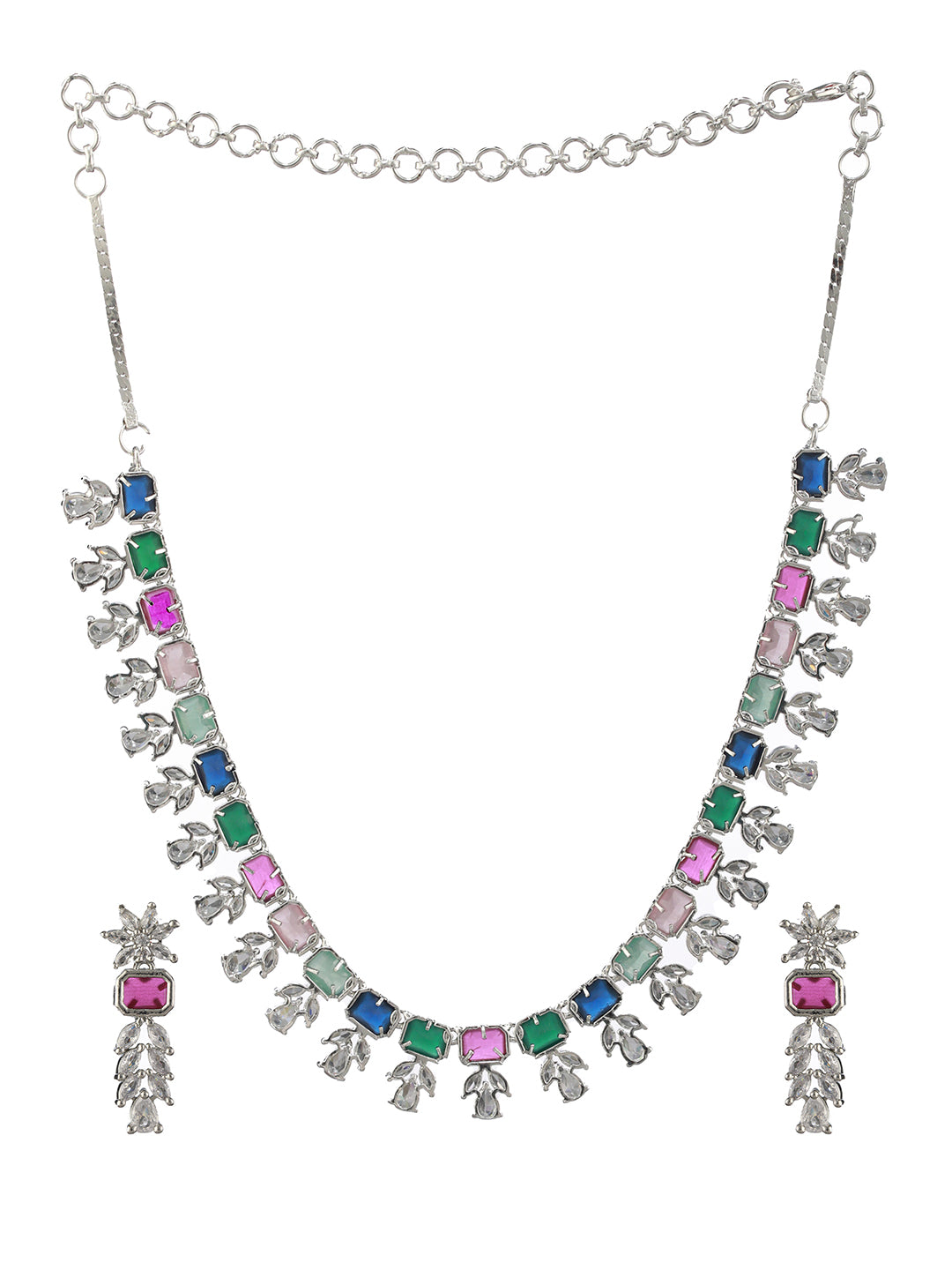 Studded Multicolor Block Leaves AD Silver-Plated Jewellery Set