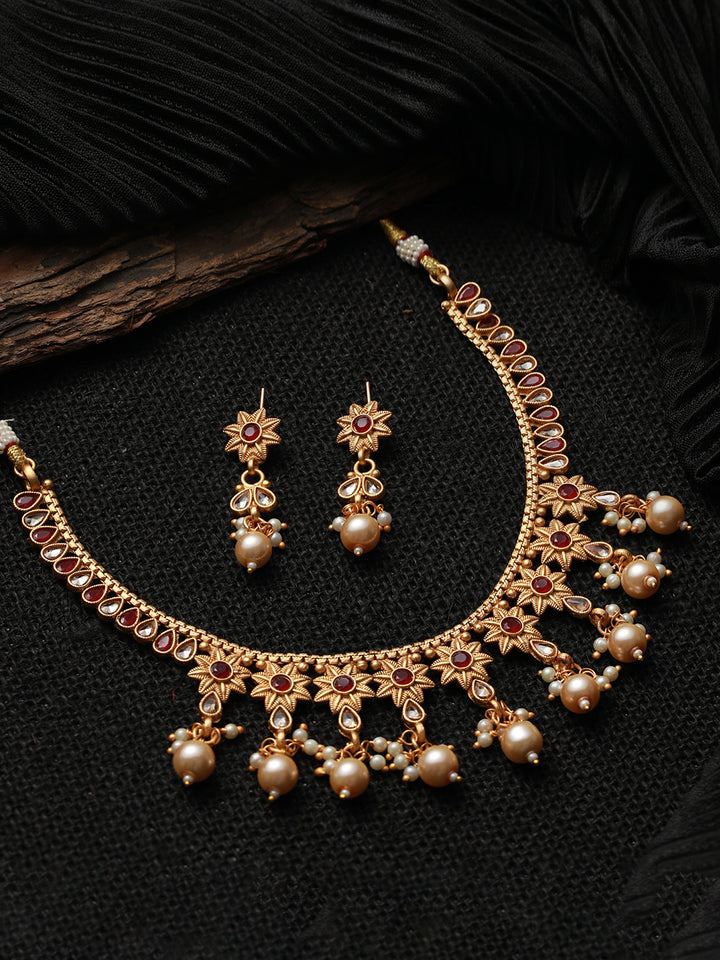 Floral Pearl Red Stone Studded Gold-Plated Jewellery Set