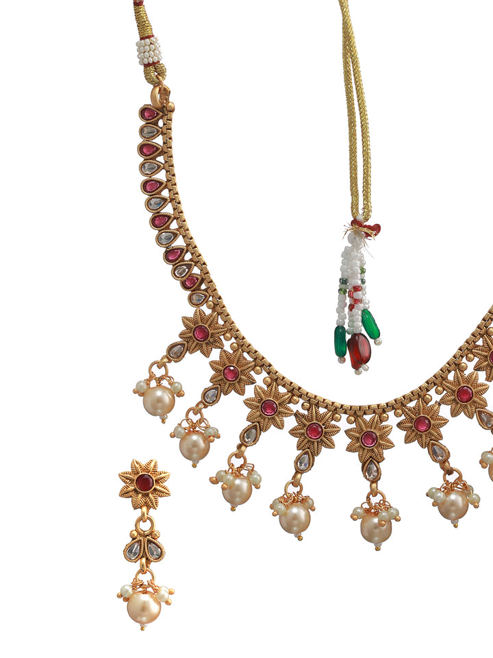 Floral Pearl Red Stone Studded Gold-Plated Jewellery Set