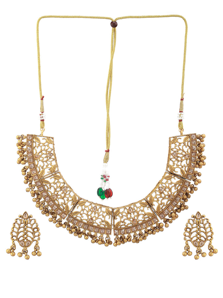 Studded Leaf Motif Gold-Plated Jewellery Set