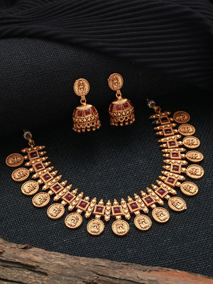 Red Goddess Laxmi Coin Block Gold-Plated Jewellery Set