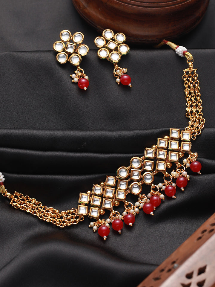 Red Geometric Kundan Pearl Gold-Plated Choker Jewellery Set
