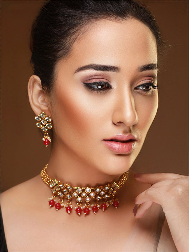 Red Geometric Kundan Pearl Gold-Plated Choker Jewellery Set