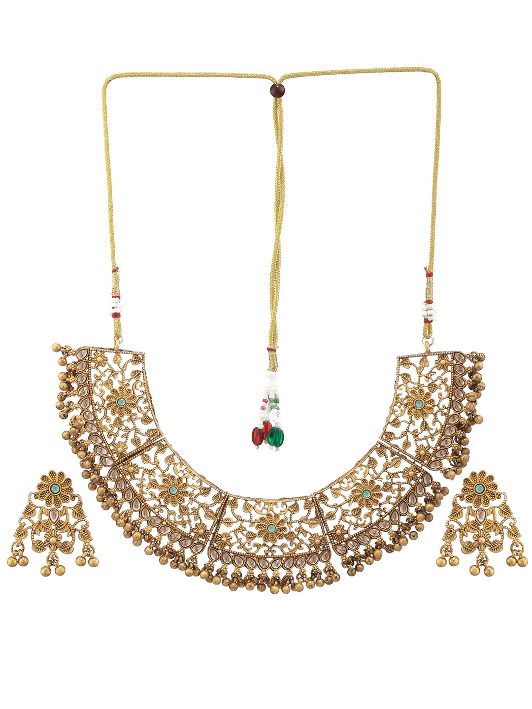 Floral Motif Stone-Studded Gold-Plated Jewellery Set