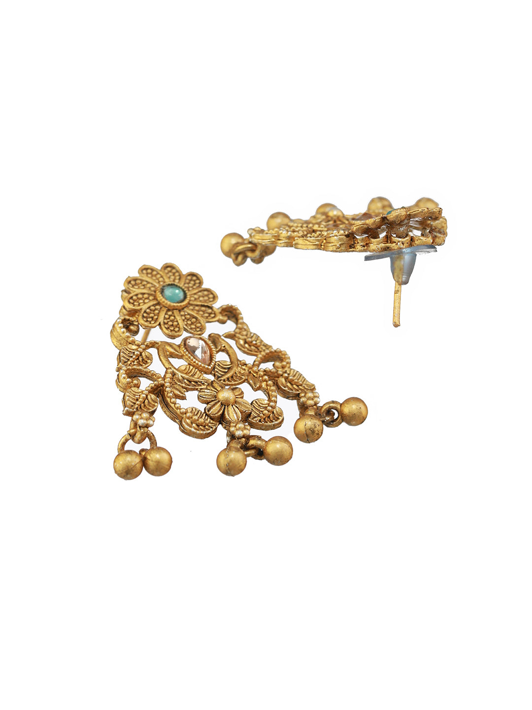 Floral Motif Stone-Studded Gold-Plated Jewellery Set