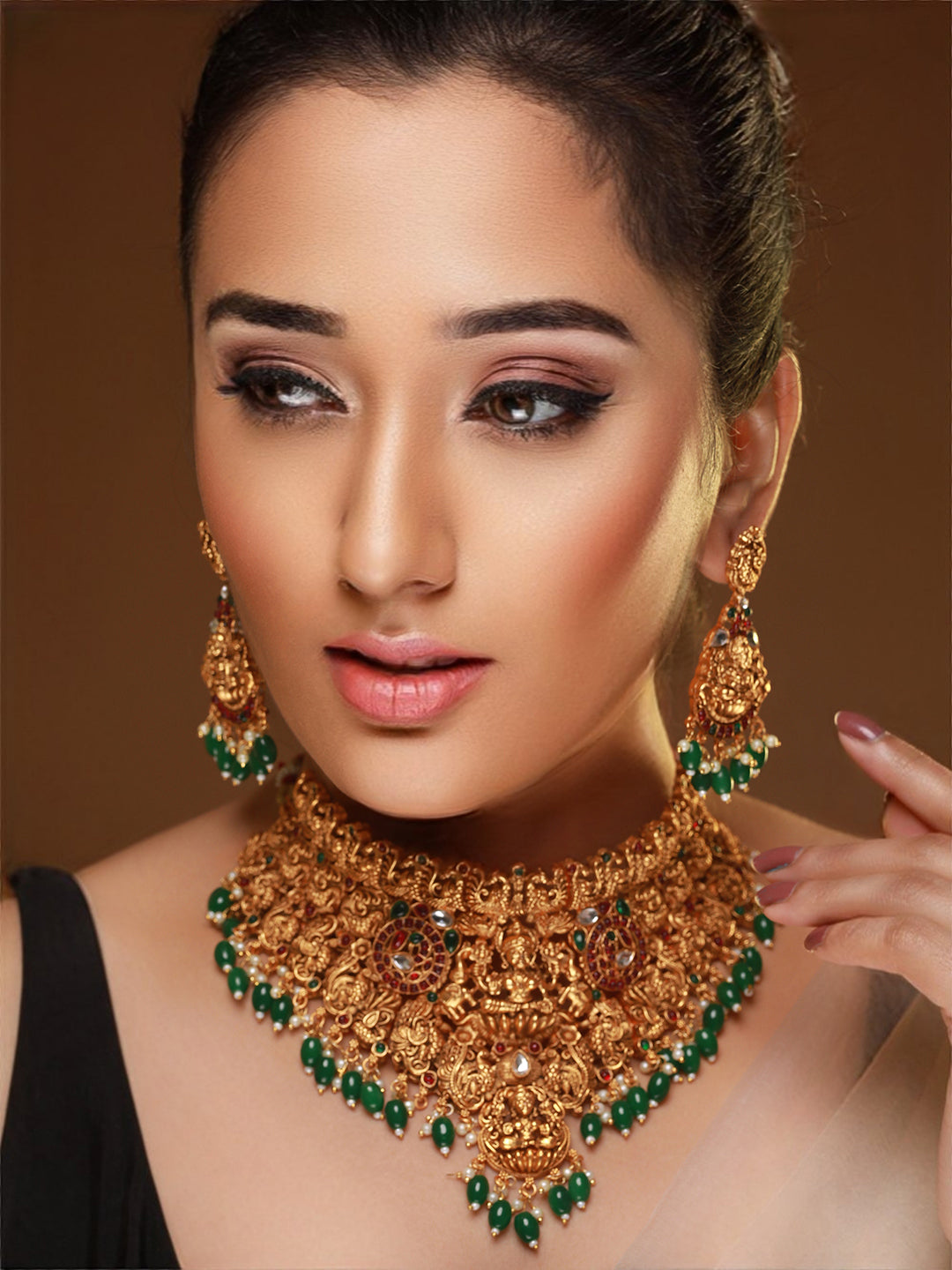 Goddess Laxmi Multicolor Stone Studded Gold-Plated Jewellery Set