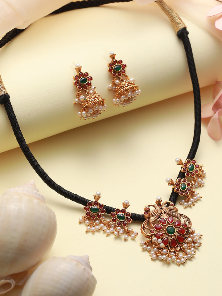 Studded Multicolor Peacock Pearl Gold-Plated Jewellery Set