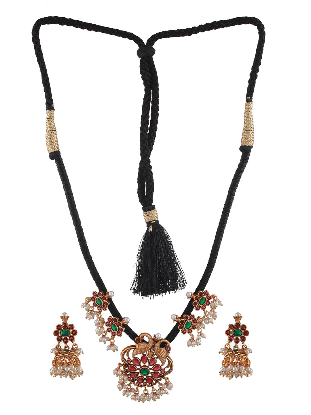 Studded Multicolor Peacock Pearl Gold-Plated Jewellery Set