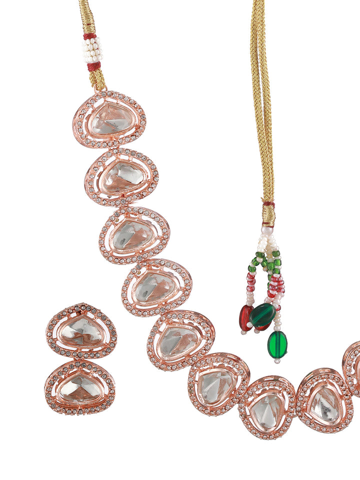 Elegant Kundan American Diamond Rose Gold-Plated Jewellery Set