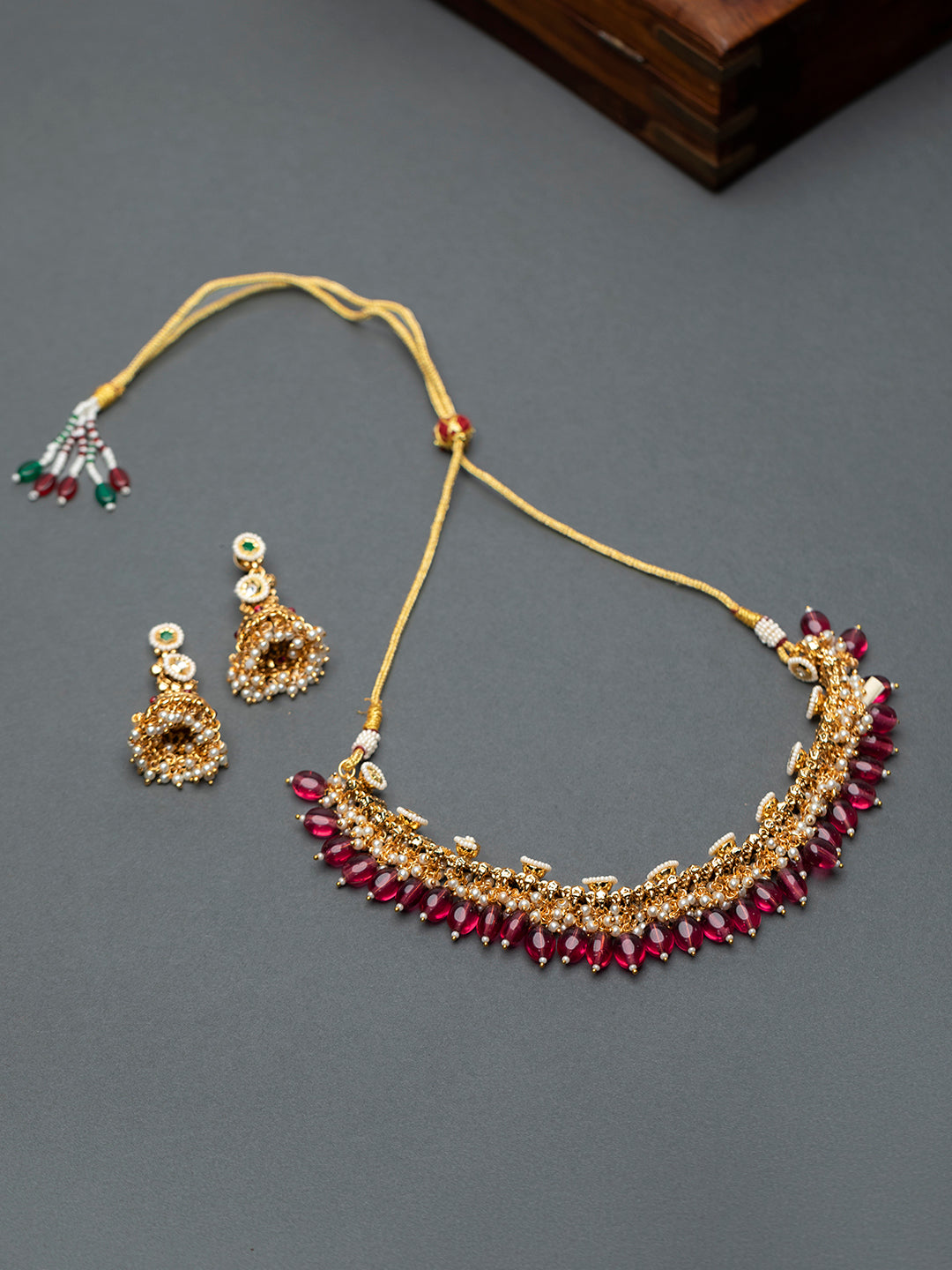 Priyaasi Pink Floral Beaded Pearl Gold-Plated Choker Jewellery Set