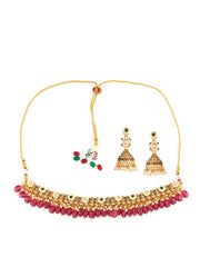 Priyaasi Pink Floral Beaded Pearl Gold-Plated Choker Jewellery Set